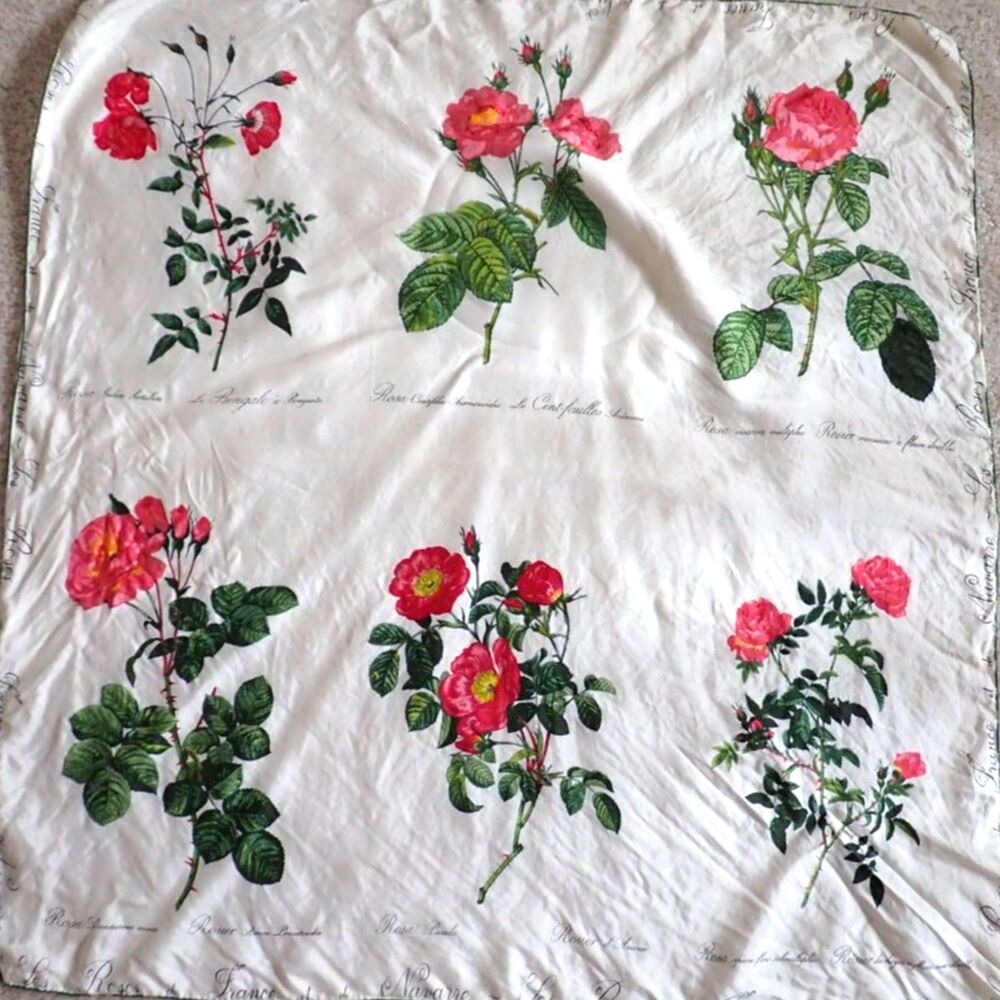 French Rose Silky Scarf Ivory with Red Roses Green Hand Rolled Border